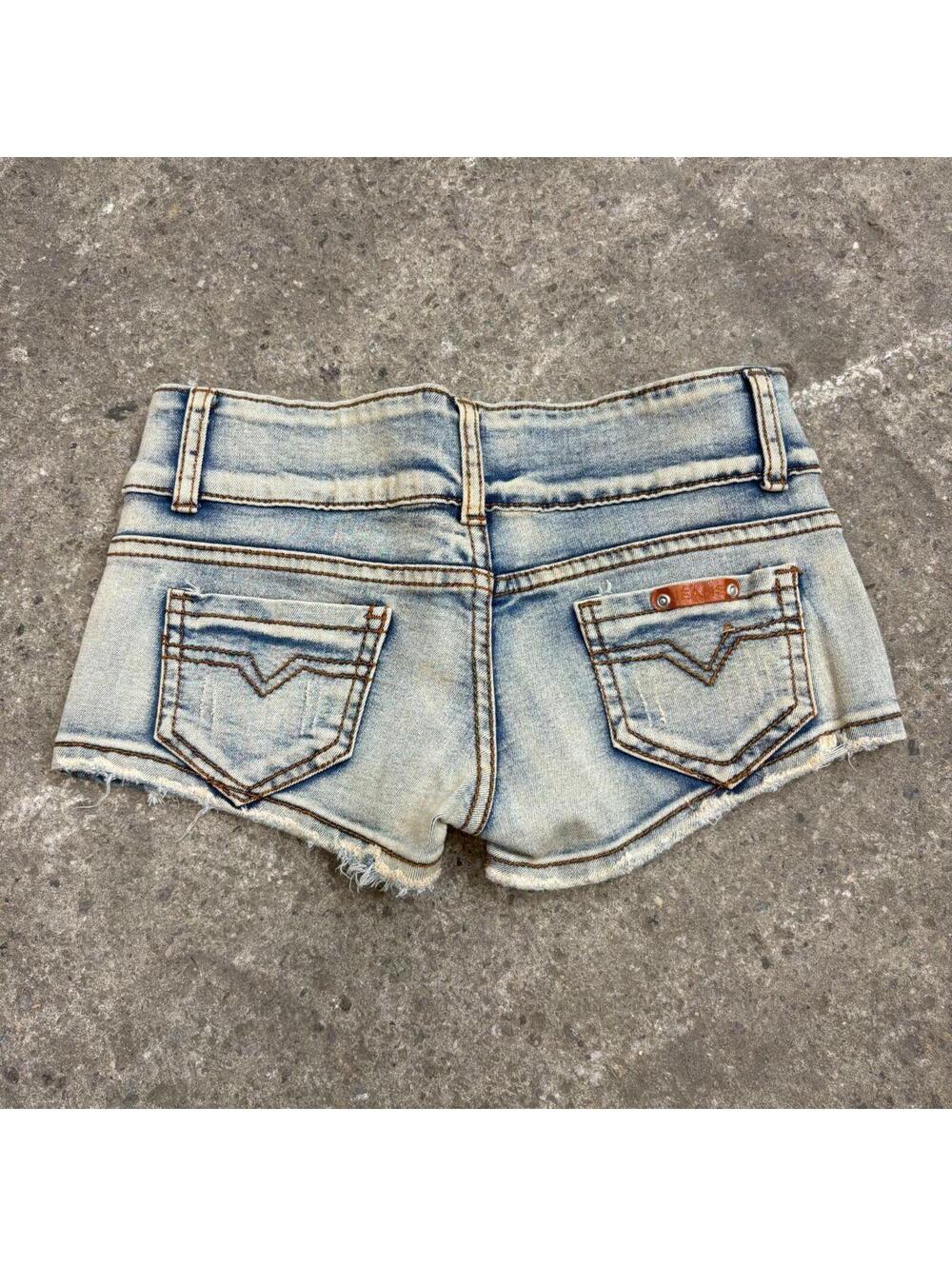 Vintage Y2K Low Rise Denim Micro Shorts Faded Stonewash
